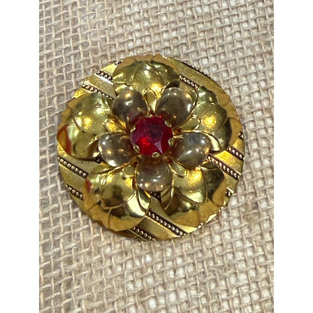Vintage Gold Tone Floral Brooch Red Rhinestone Center Tiered Flower Pin 1.75"